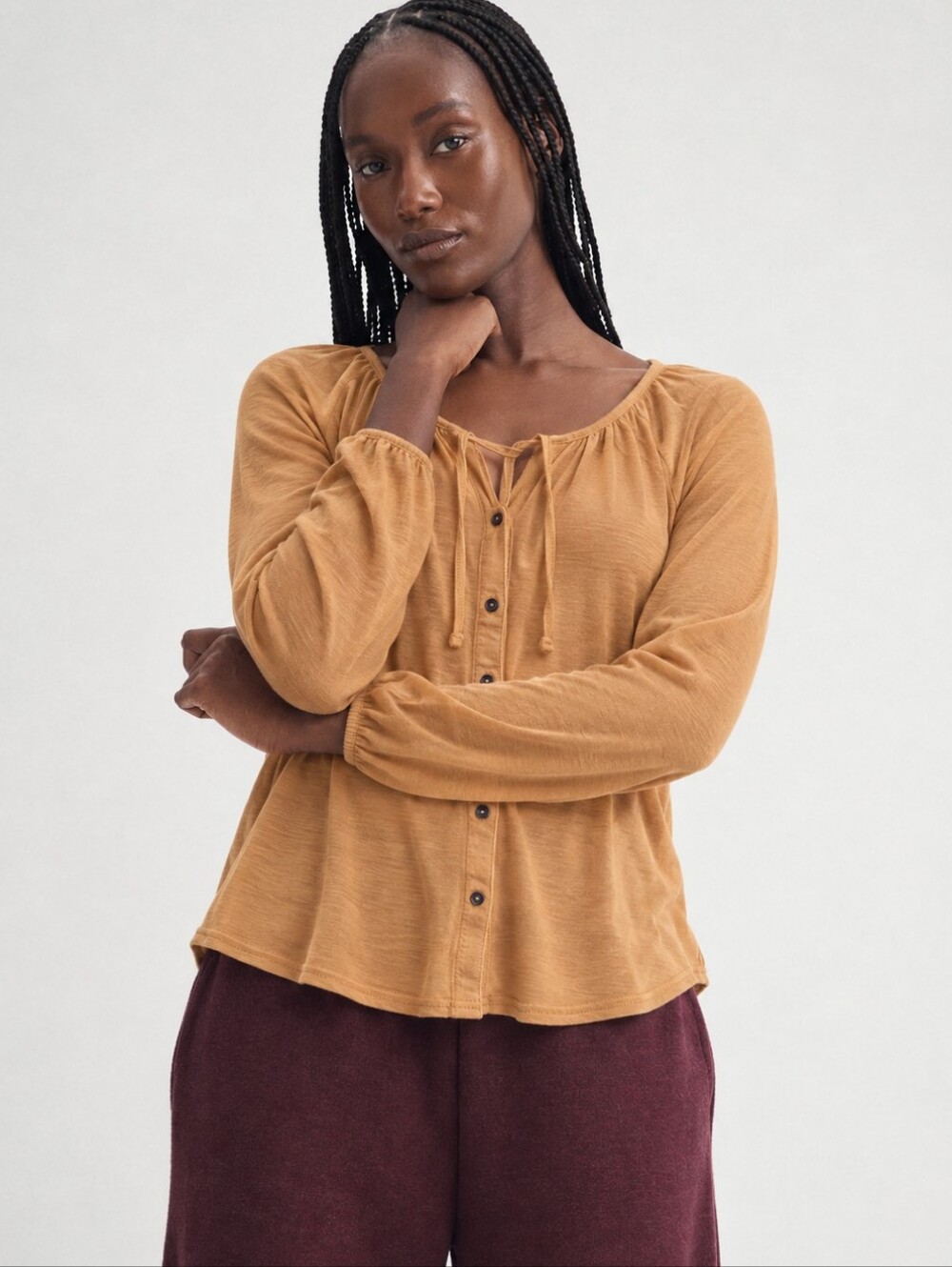 Pact Organic Cotton Linen Tie-Neck Blouse Mustard Yellow Size S